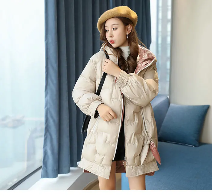 Зимняя женская куртка пальто модные яркие пуховики Толстая средняя длинная одежда теплая Женская свободная Куртка парка с капюшоном HS114