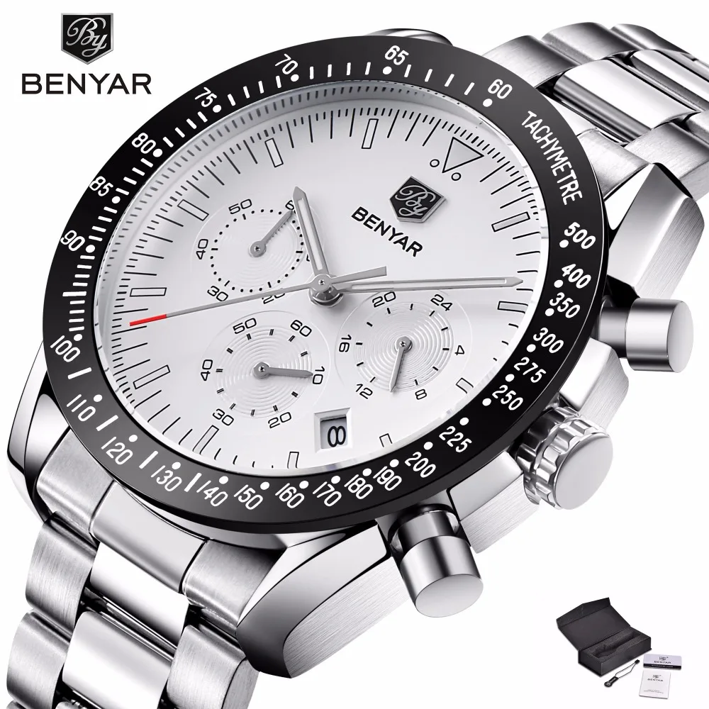 BENYAR Big Dial Sport Watch Men Stainless Steel Quartz Wristwatch 