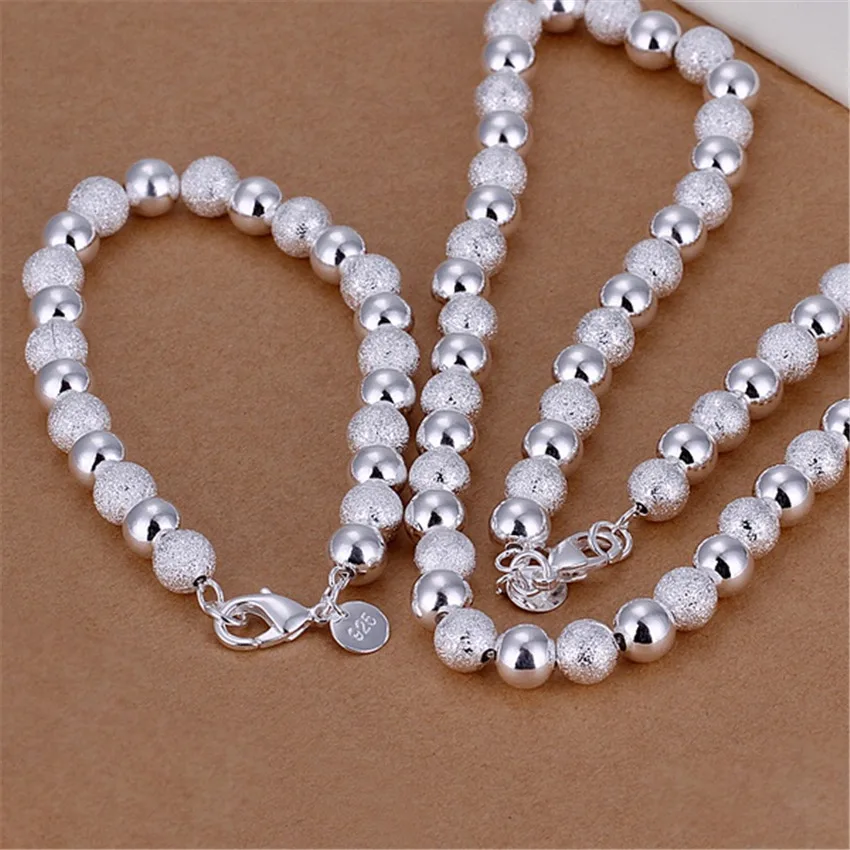 

8MM beads necklace bracelet jewelry Set chain Pretty wedding silver color fashion men women classic party best gift S56