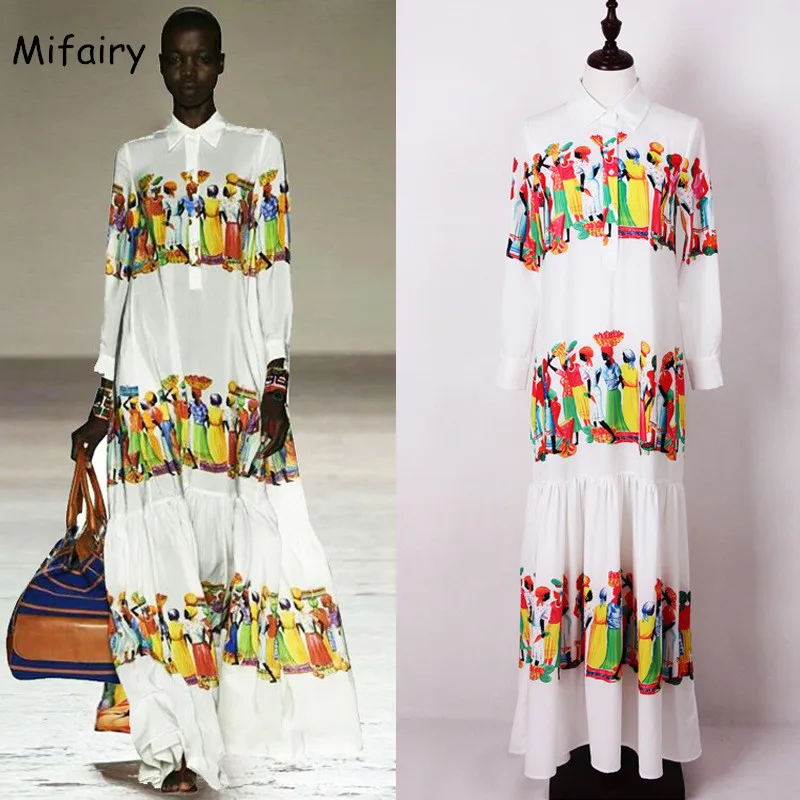 

Milan Runway Dresses 2017 White Turn Down Collar Long Sleeves Floor Length Women Dress Plus Size Print Holiday Beah Maxi Gown