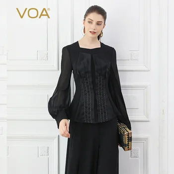 

VOA Heavy Silk T Shirt Women Black Rococo Lantern Long Sleeve Slim Ladies Tops Retro European Style Mesh Tee Office Work B819