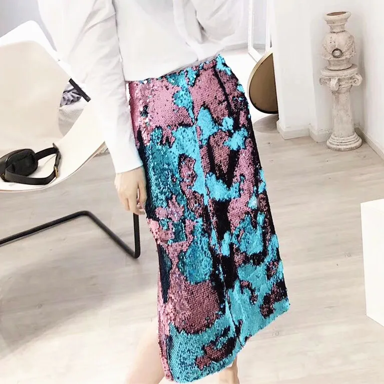 

Cakucool New Full Sequines Luxury Skirt Mid Long Straight Slit Skirts Korea Bling Embellished Bodycon Skirt Mermaid Pink Blue