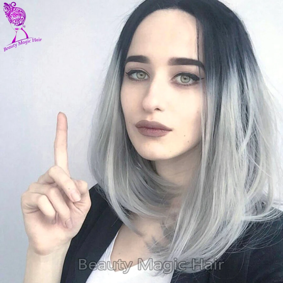Long Bob Cut Sliver Ombre Synthetic Wig Dark To Grey Heat