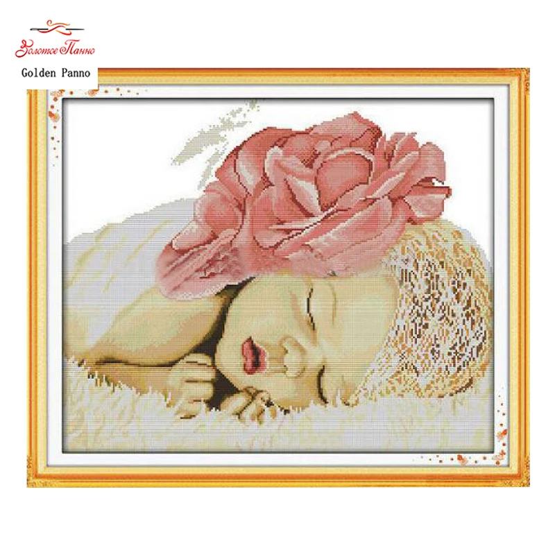

Golden Panno,Sleeping Angel Baby Patterns Counted Cross Stitch 11CT 14CT Sets Chinese Cross-stitch Kits Embroidery 0123