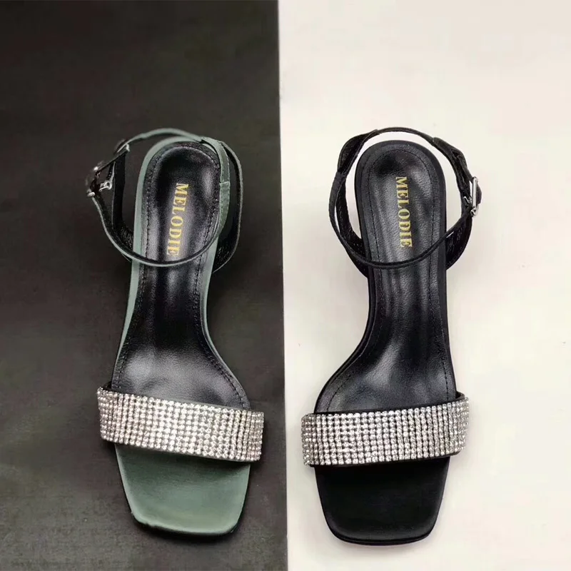 

MELODIE 2019 Summer New Style Genuine Leather Crystal High Heels Shoes Women Thin Heels Buckle Strap Women Shoes Sandals MCJ476