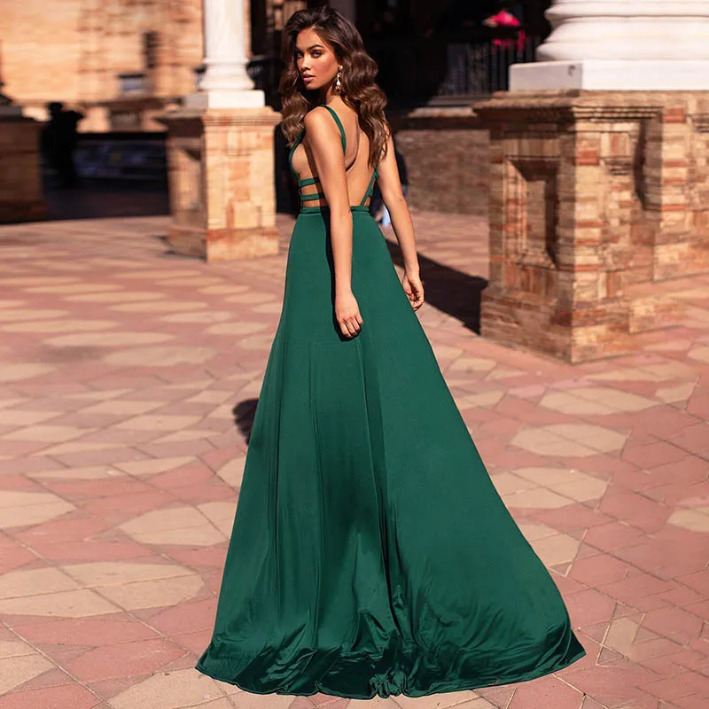 2019 ماكسي اللباس الخامس الرقبة المرأة الصلبة مساء حزب فساتين Clubwear طويل بلا أكمام اللباس الإناث عودة فتح الطابق طول Vestidos