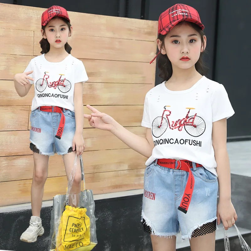 

Kids Clothing Fashion Baby Summer Kids Sets Bicycle Print Tee Shirts + Blue Jeans Shorts 2 Pcs 2019 Clothes Set for Teenagers
