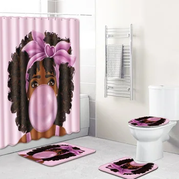 

4pcs/set African Polyester Shower Curtain Set Waterproof Bath Curtain Non Slip Rugs Carpet for Bathroom Toilet Flannel Bath Mat