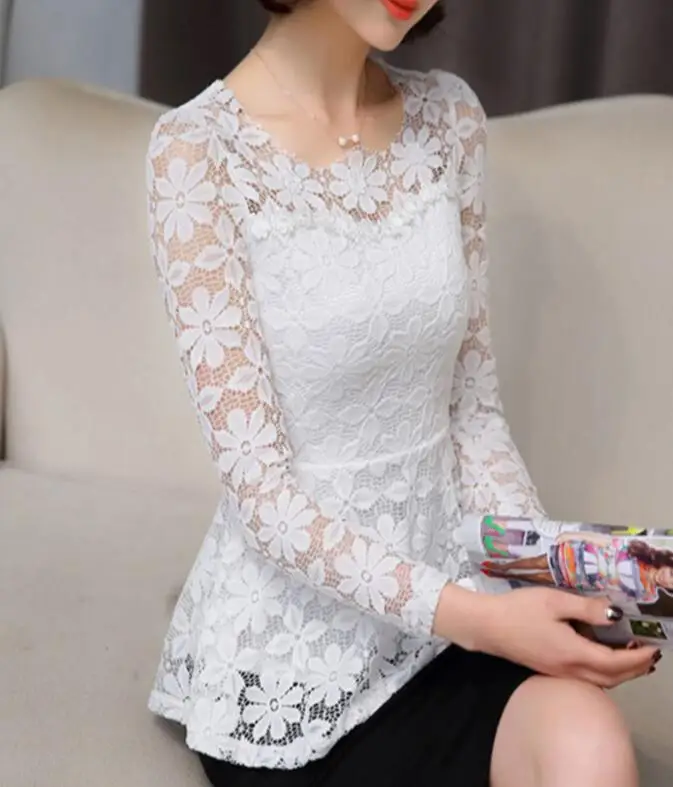 Белый Blusas mujer de moda женские кружевные блузки рубашки больших размеров с оборками и длинными рукавами, Повседневная кружевная рубашка blusas femininas S-5XL - Цвет: Белый