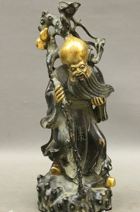 

[old craft ] 13" Chinese Buddhist Bronze Copper Gilt Longevity Shou God Immortal Joss Statue (A0314)