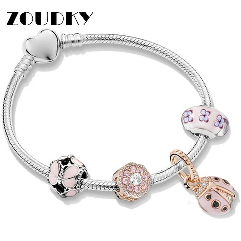 

ZOUDKY 2019 NEW 100% 925 Sterling Silver Spring Blooming Flowers Ladybird Butterfly Charm Fit DIY Bracelet Set Original Jewelry