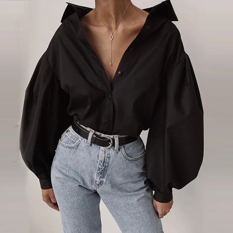  Fashion Lantern Sleeve Women Casual Shirt Blouse Solid Black Long Sleeve Camisas Mujer Streetwear L