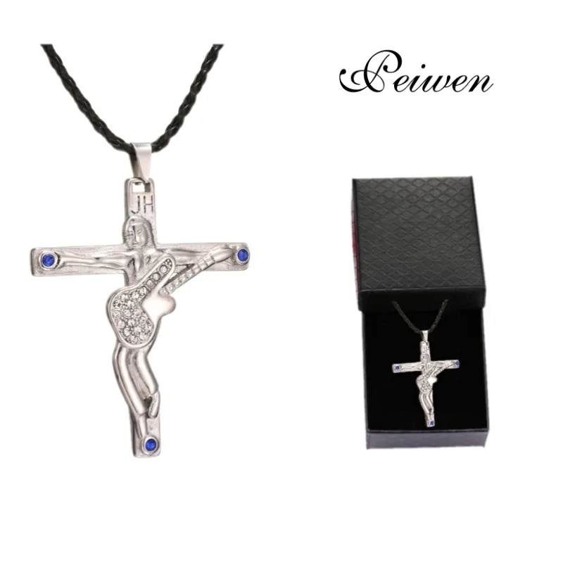 

Guitar Cross Pendant Necklace Leather Chain Blue Stone Crystal Choker Stainless Steel Jewelry Johnny Hallyday Anniversary Gifts