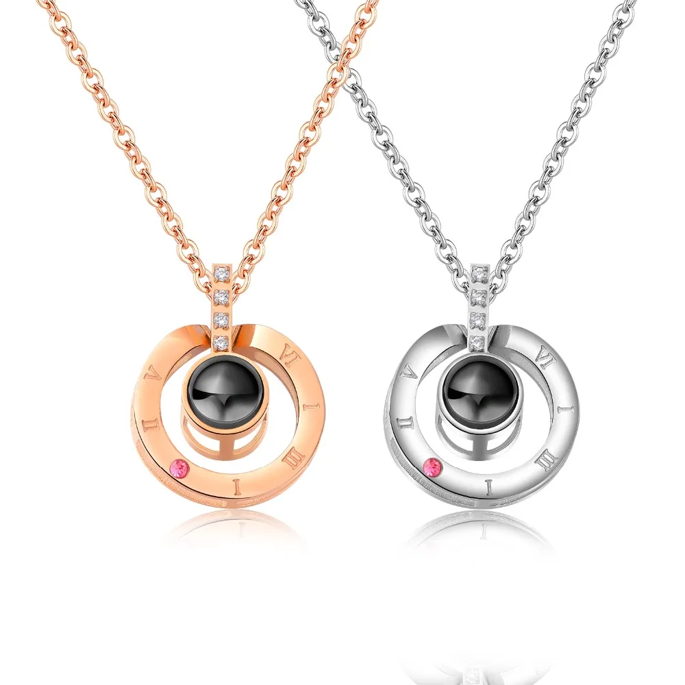 

The 100 language"I love you" Stainless Steel Round Pendants Necklaces For Women Charm Rose Gold/steel Girls collar Jewelry Gift