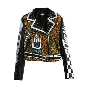 

Autumn Fashion brand zebra pattern leather jacket Women's great quality British style rivet short Leather Jacket with belt wq386