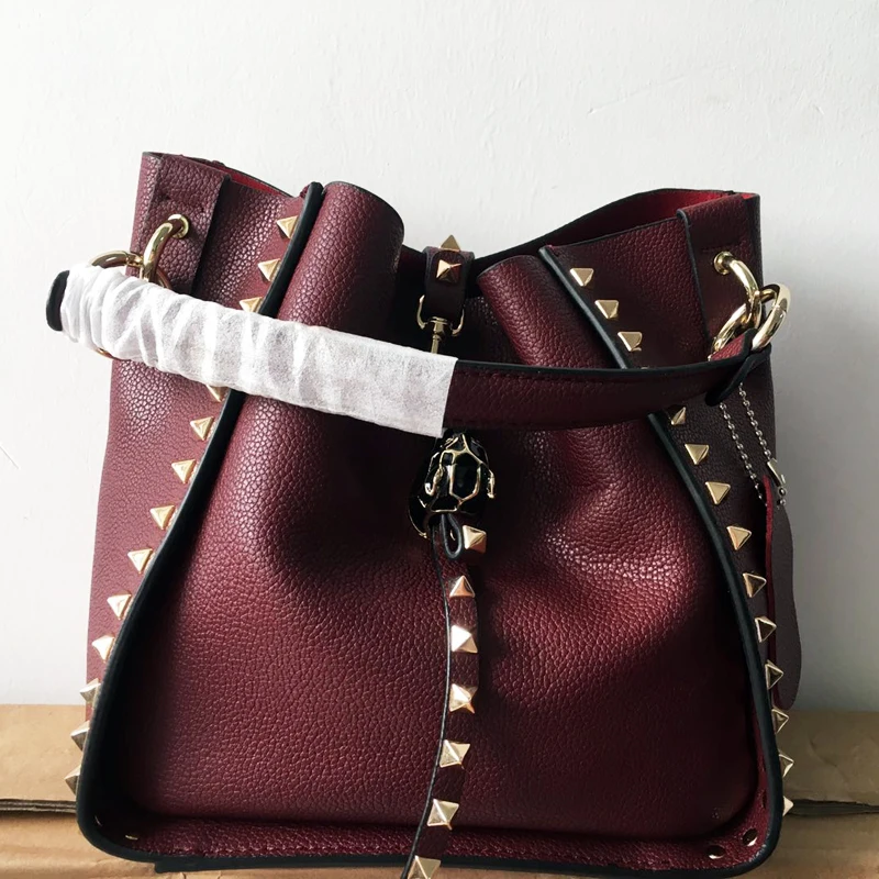 2017 Winter Autumn Famous Brand Designer Women's Bucket Bag Genuine Leather Ladies Handbag Rivet Female Shoulder Bag Small 2