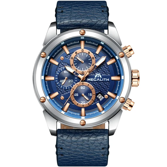 MEGALITH, мужские спортивные часы, военный хронограф, водонепроницаемые, Reloj Hombre,, кожаный ремешок, кварцевые часы для мужчин, Relogio Masculino - Цвет: leather blue 8004