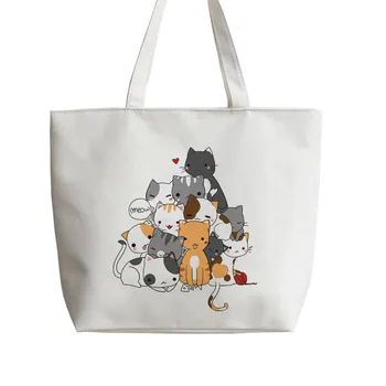 

There is a group Meow Cat family Anime Canvas Tote bags Cartoon Shopping bag Reusable Shopper Grocery Bag GA746