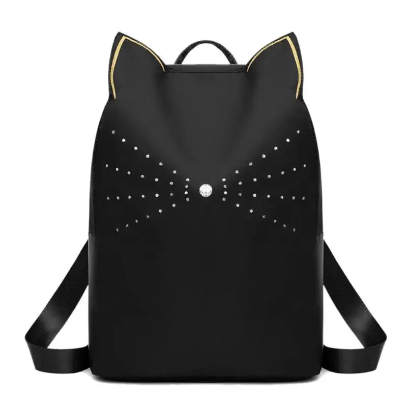 

Solid Color Cat Shaped Waterproof Travel Backpacks Women Rhinestone Decor School Bags Preppy Style Knapsack Oxford Rucksack
