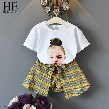 

HE Hello Enjoy Toddler Girls Summer Clothing Set Fashion Two-Piece Preppy Style Cartoon Print T-shirt+Plaid Bow Shorts Kids 2019