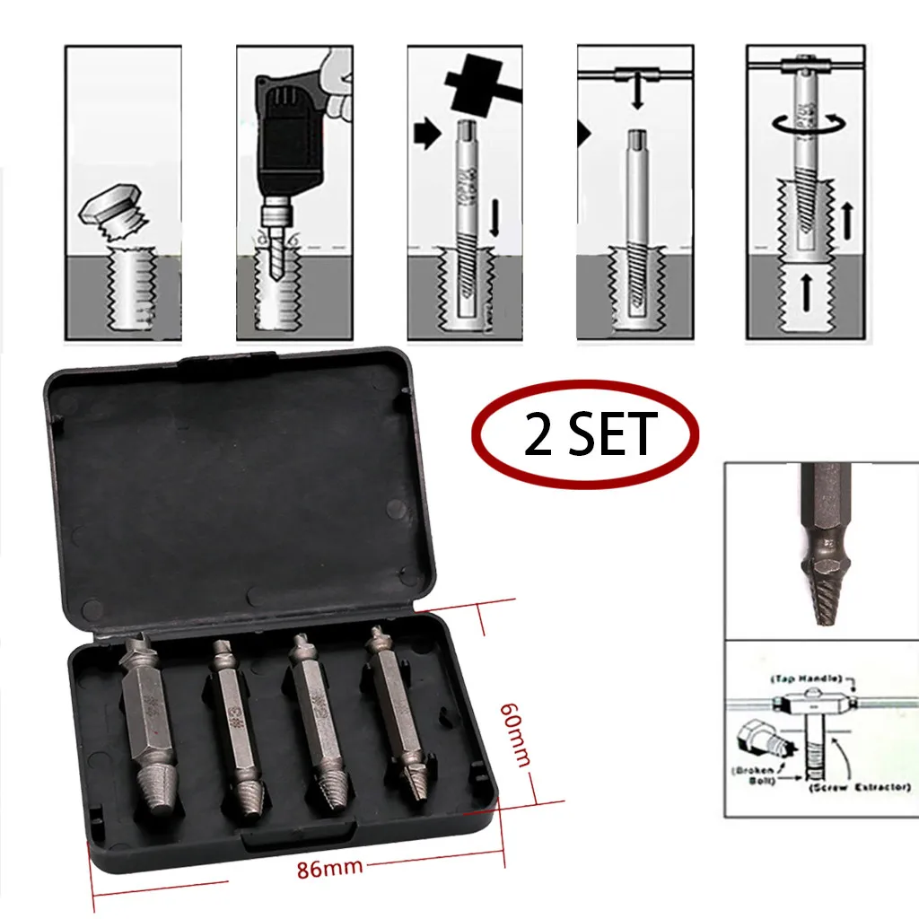 

2 Sets 4pcs Screw Bolt Extractor Drill Bits Speed Out Screw Extractor Drill Bits Tool Broken Damaged Bolt Remover Guide Set