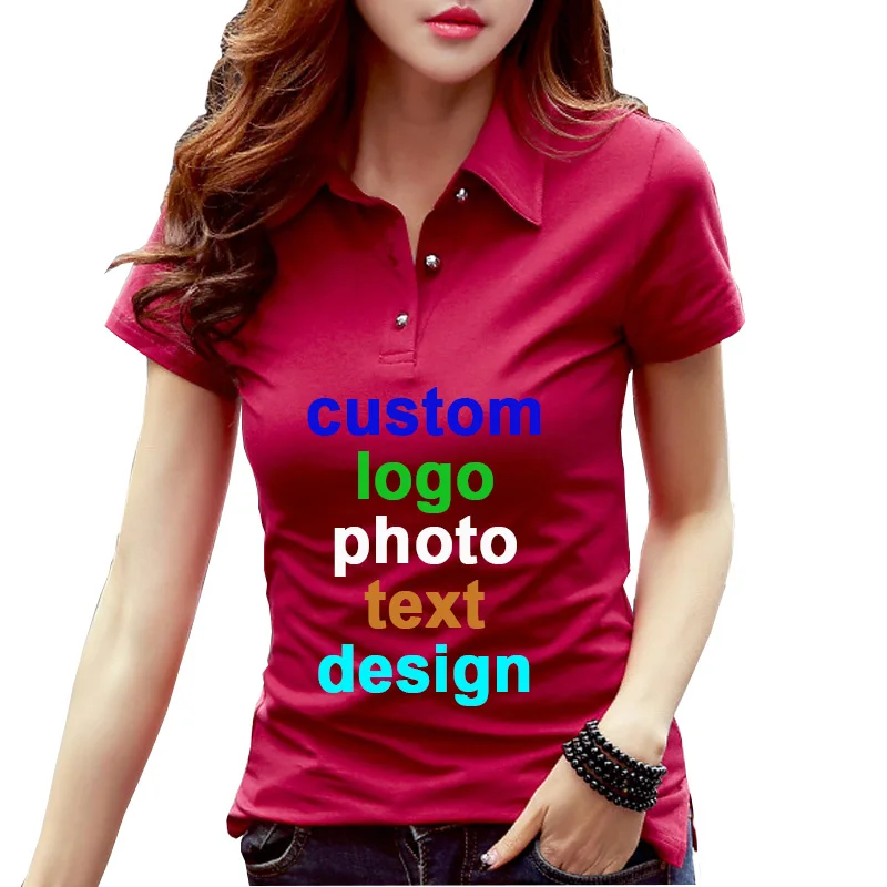 

Team Company workers custom logo photo text printed women unifom Slim buttons up turn-down collar sexy female Tshirt T shirt top