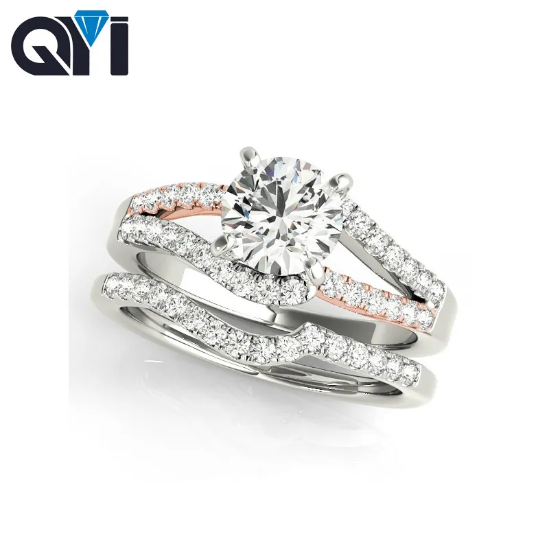 QYI Классический 925 стерлингового серебра три тона кольца наборы 1 ct Круглый вырез