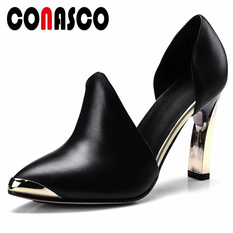 

CONASCO Fashion Basic Pumps Sexy Genuine Leather High Heels Shoes Woman Spring Autumn Pointed Toe Metal Decoration Party Pumps