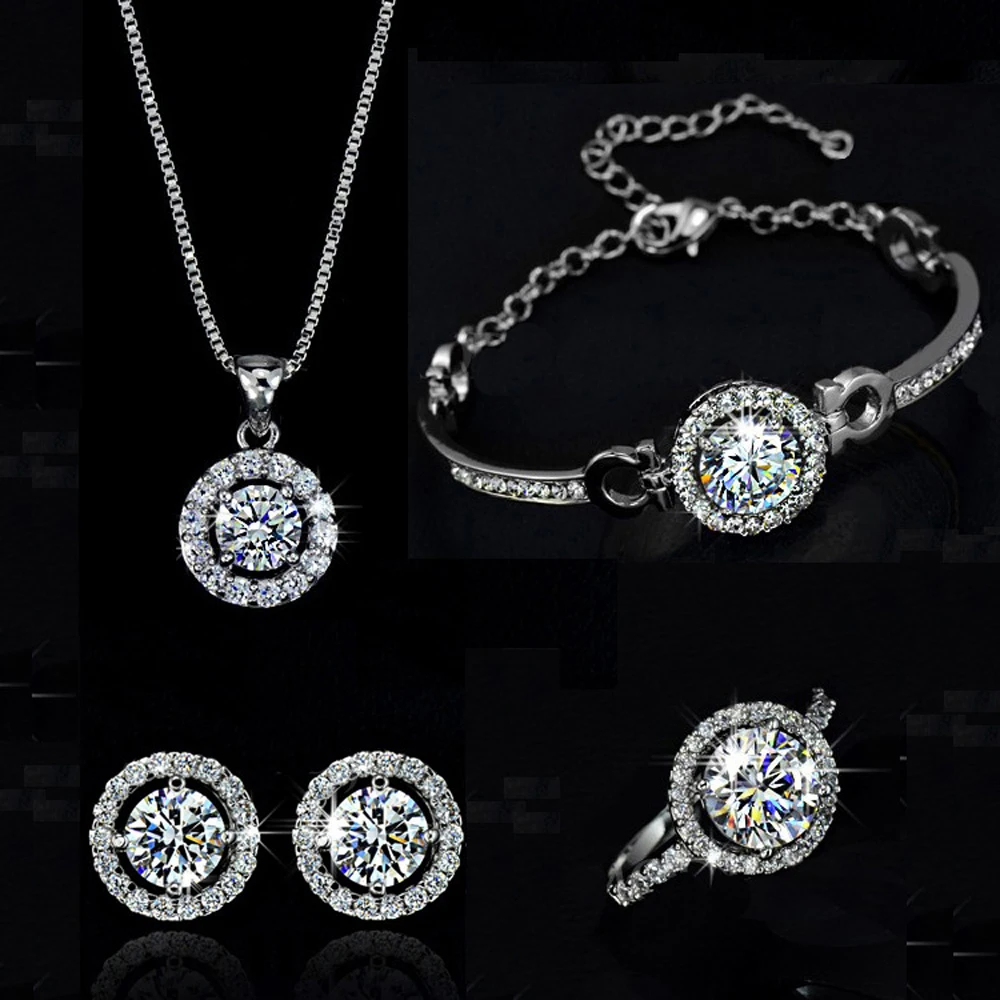 Высокое качество, изысканное женское свадебное ожерелье, серьги, кольцо, ювелирный набор, посеребренное покрытие, циркон, кристалл