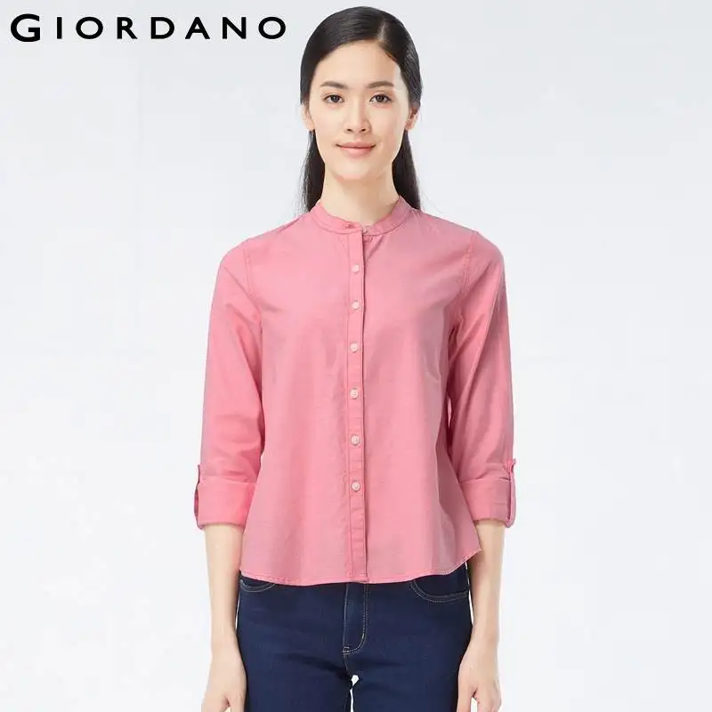 Giordano Women Solid Cotton Shirt Collarless Blouses