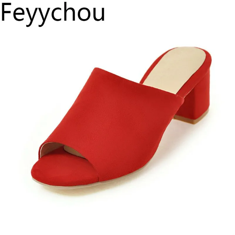 

Women Slippers Mules Shoes Summer Spring Flock Peep Toe Square Med Heel Outside Casual 2018 Sexy Fashion Black Red Yellow Purple