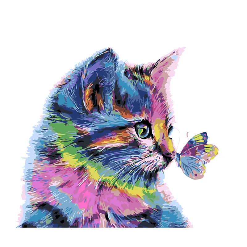 Diyカラフルな猫と蝶数字で数字壁アートアクリルキャンバスの絵画ホームデコレーションドロップ配送|番号でペイント| - AliExpress
