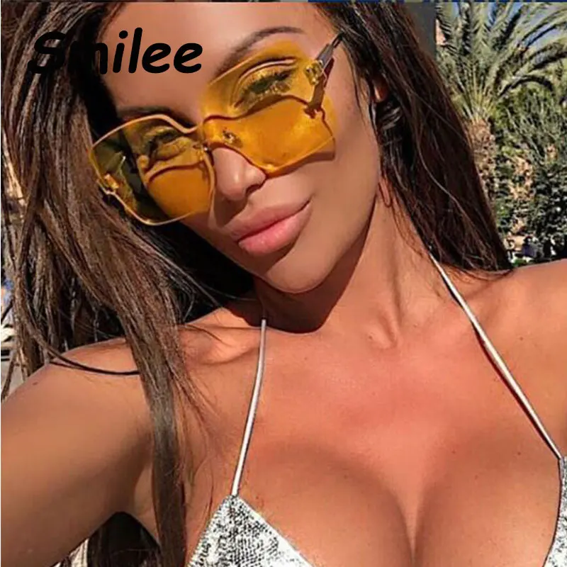 

Rimless Yellow Square Sunglasses Metal Retro Brand Designer Transparent Sun Glasses Women Sexy Shades Oversized Big Glasses