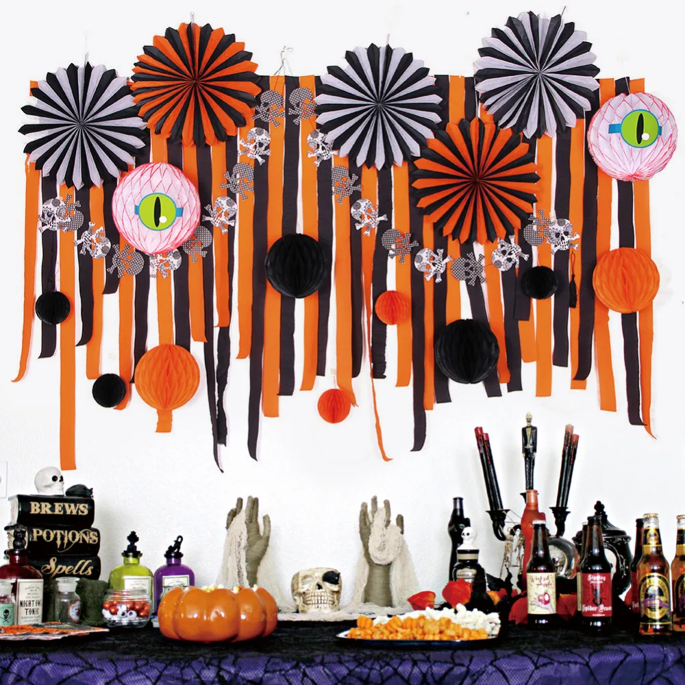 Us 13 0 16 Off Halloween Party Decoration Set 28pcs Assorted Paper Fans Crepe Streamers Backdrop Spooky Honeycomb Eyeballs Balls Trick Or Treat In