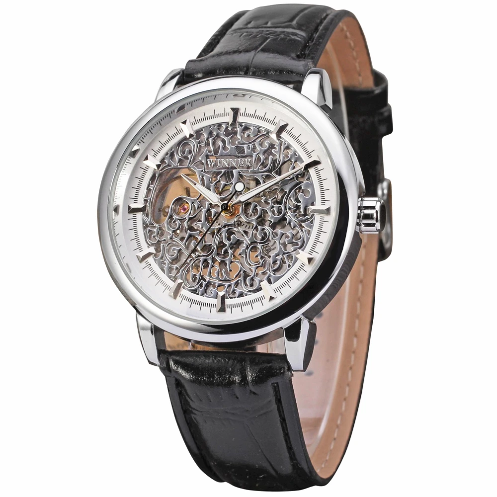 

Top Brand WINNER Carving Skeleton Watch Cool Dial Leather Band Men Mechanical Automatic Wristwatches Gift