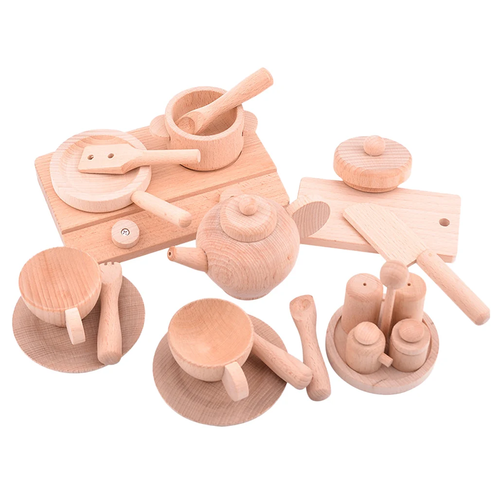 

Wooden Tea Set Cooking Set Pretend Play Toy for Kids Toddler Educational Toy
