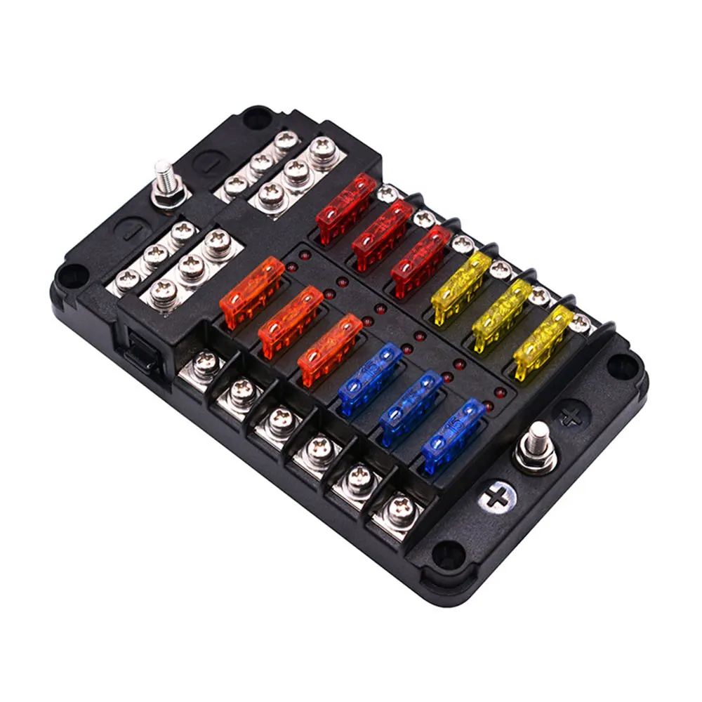 

1 Set DC 12V 32V Plastic Cover Fuse Box Holder M5 Stud With LED Indicator Light 12 Ways Blade for Auto Car Boat Marine Trike