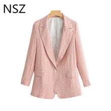 NSZ женский хлопковый розовый клетчатый офисный женский клетчатый блейзер с длинным рукавом, куртка на одной пуговице, блейзер для работы, деловое пальто, верхняя одежда