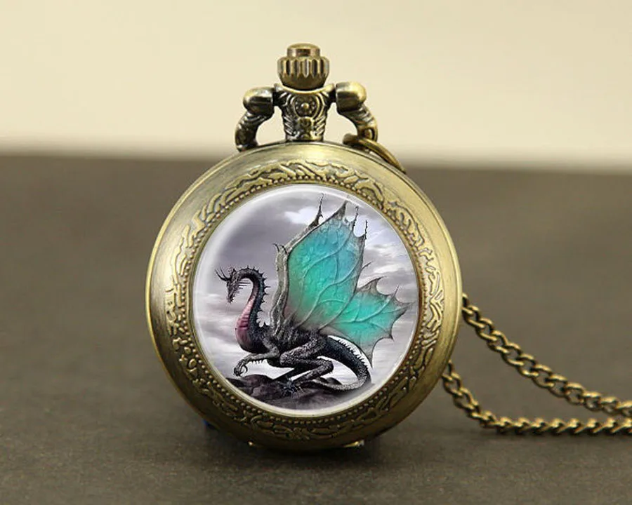 Blue Dragon Watch Necklace 1pcs/lot Fantasy wing Dragon pocket watch