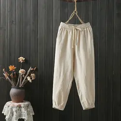 Хлопок и льняные шаровары брюки для девочек женские мотобрюки повседневное Pantalones Femme женские Капри Calca Feminina