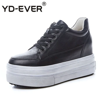 

YD-EVER 7cm genuine leather women Casual Shoes platform wedge shoes height increasing lace up super high heel sneakers