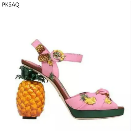 

New Summer Ladies Pink Pineapple Sandals Fruit High Heels Women's Fashion Strange Style Model Show Sweet Party Shoes B