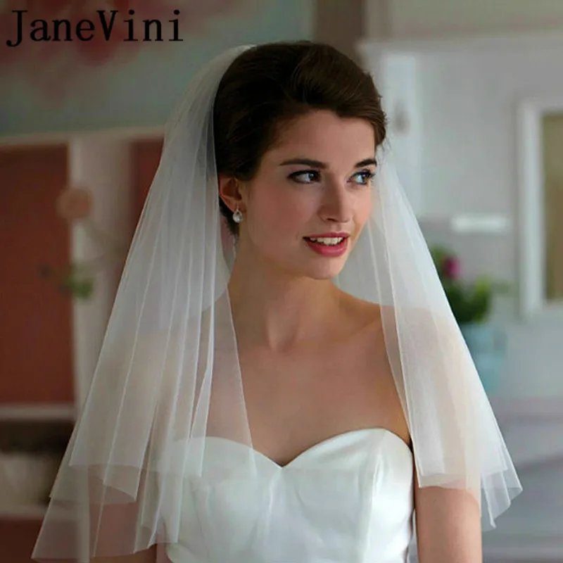 JaneVini Cheap Bridal Veils Ivory White Short 2 Two Layers Bride Wedding Veil with Comb Simple Cut Edge Tulle Veil Accessories