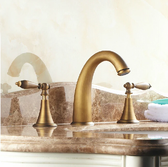 Brass Antique Deck Mount Dual Handles Basin Faucet 3pcs Bathroom Lavatory Washbasin Mixer Tap