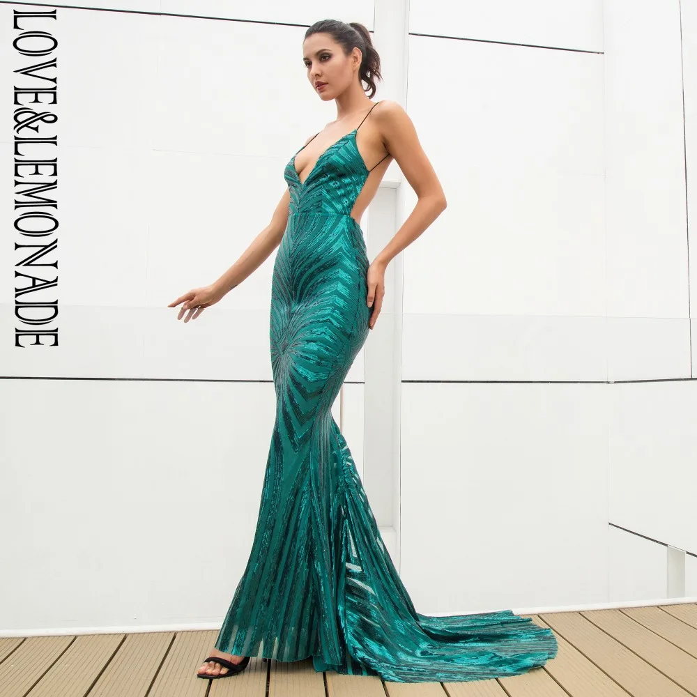 LOVE&LEMONADE Sexy Green Deep V Neck Open Back