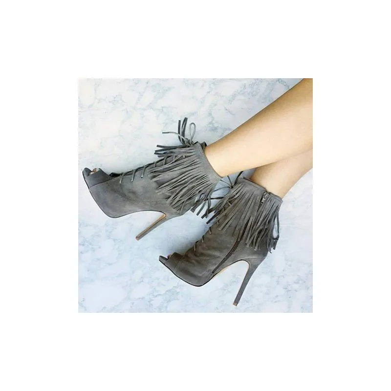 

Spring and summer women boots ankle boots side zipper and cross-tied shoes comfortable peep toe design dark grey color