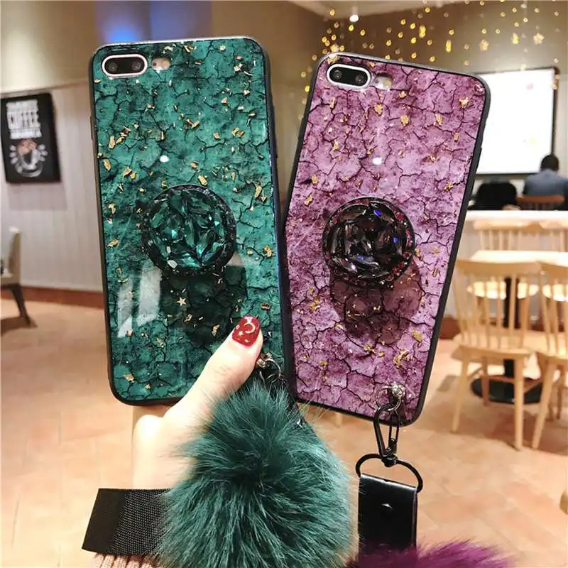 

Luxury Gold Foil Bling Sequin Case For iPhone XS Max XR XS X With Stand Holder Hairy Ball Lanyard Case For iPhone 7 8 6 6S Plus