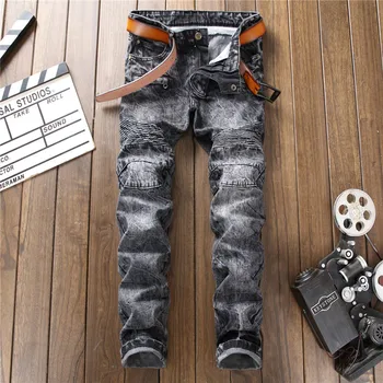 

2019 Punk Style Men Skinny Ripped Pleated Jean Vintage Gray Biker Jogger Distressed Hole Baggy Denim Slim Fit Casual Denim Pants