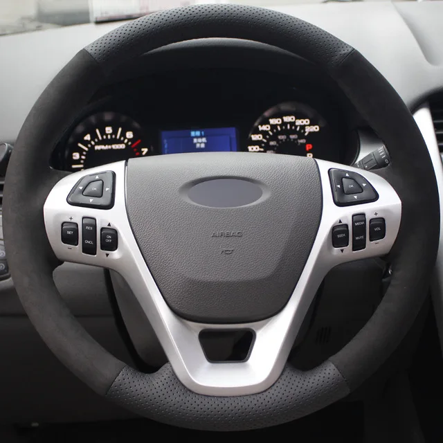 Puou Black Genuine Leather Suede Car Steering Wheel Cover for Ford Explorer 2011-2016 Taurus 2012-2015 Edge 2011-2014 Free shipp |