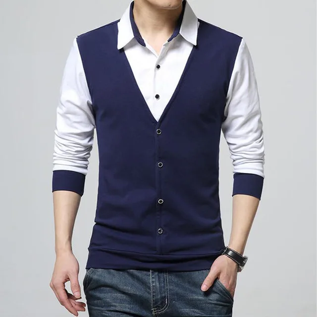 Весна Осень рубашка поло мужская мода поддельные два дизайнера для мужчин повседневная с длинным рукавом приталенная Корейская рубашка поло Прямая поставка - Цвет: Navy blue
